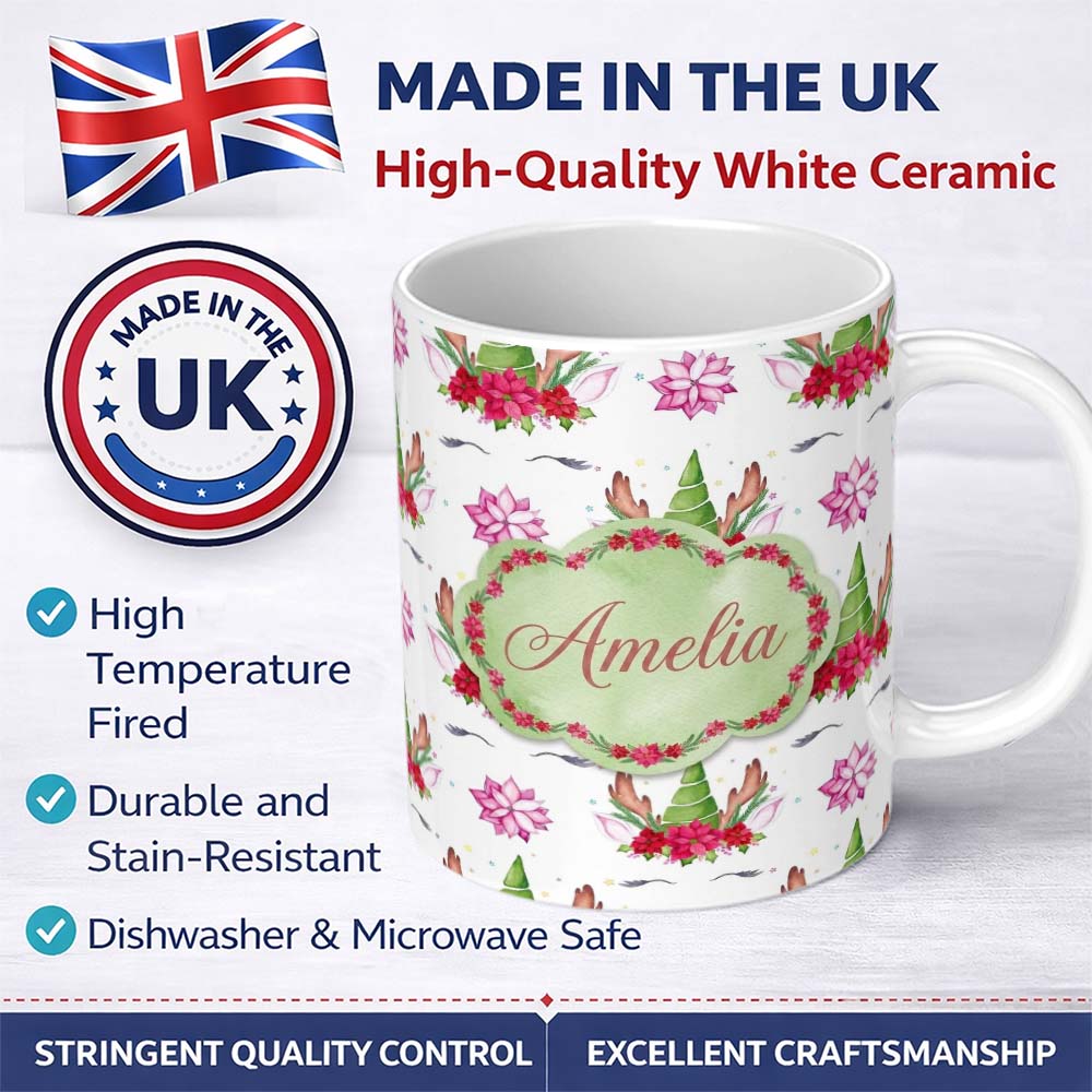 Personalized Custom Name Cute Unicorn Christmas Poinsettia Floral Fantasy Seamless Pattern 11oz Ceramic Coffee Tea Mug White Large Handle