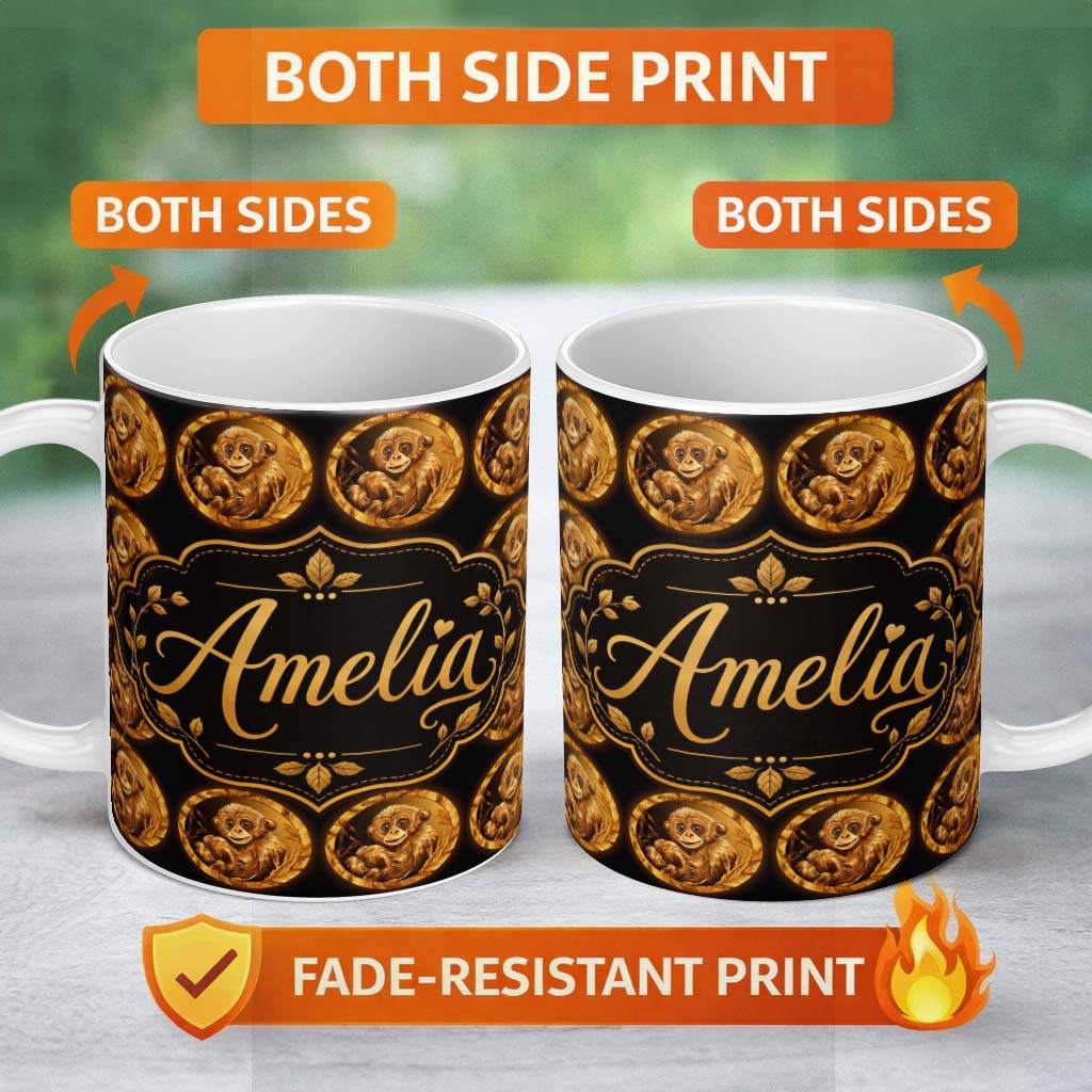 Personalized Custom Name Gold Monkey Medallion Pattern Black Background Luxury Seamless 11oz Ceramic Coffee Tea Mug White Large Handle