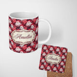 Personalized Custom Name Watercolor Santa Faces Red Splash Background Snow Effect Christmas 11oz Ceramic Coffee Tea Mug White Large Handle