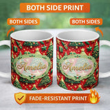 Personalized Custom Name Luxury Christmas Trees with Gold Stars Gifts and Ornaments on Red 11oz Ceramic Coffee Tea Mug White Large Handle