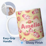 Personalized Custom Name Cute Kawaii Donuts and Strawberry Milkshake Yellow Background 11oz Ceramic Coffee Tea Mug White Large Handle