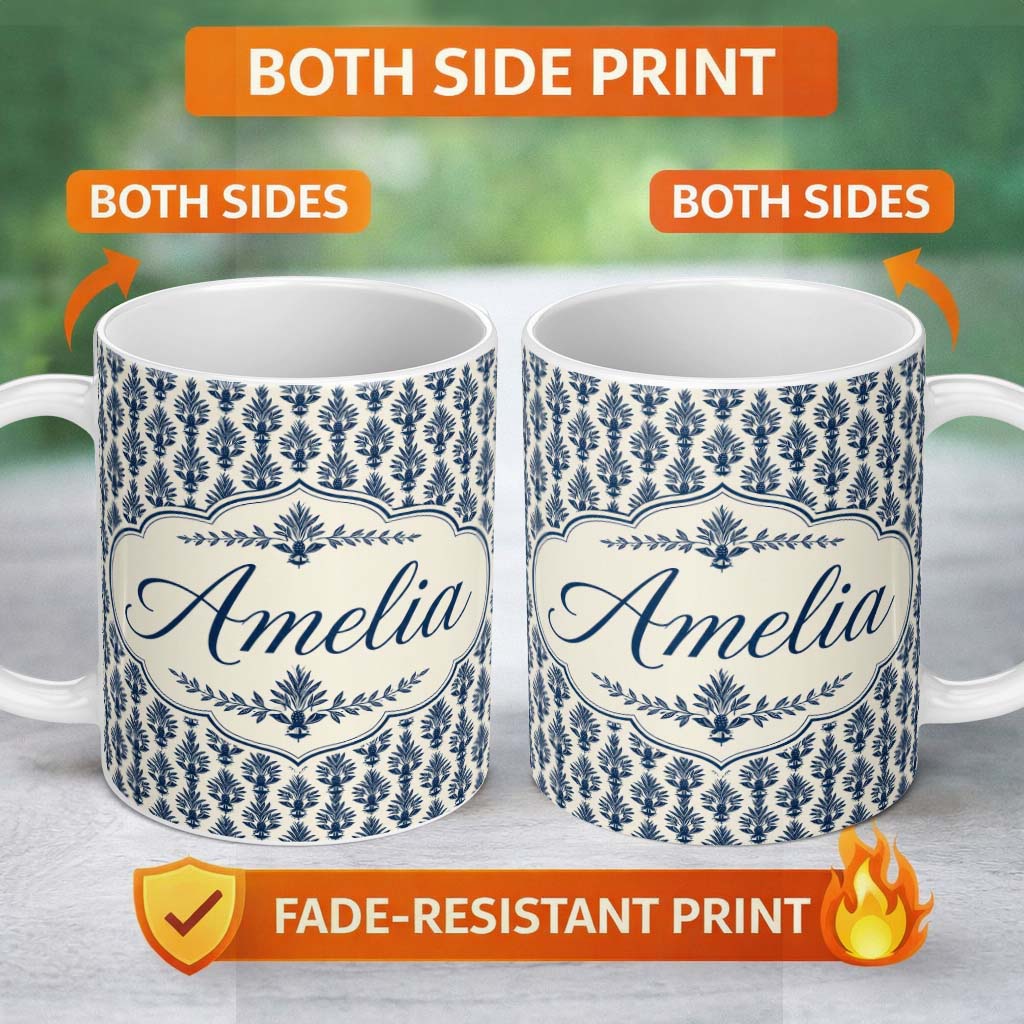 Personalized Custom Name Navy Blue Pineapple Folk Art Style Seamless Pattern Cute Unique Gift 11oz Ceramic Coffee Tea Mug White Large Handle