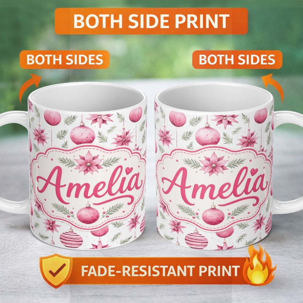 Personalized Custom Name Watercolor Pink Christmas Baubles Poinsettia Floral Seamless  11oz Ceramic Coffee Tea Mug White Large Handle