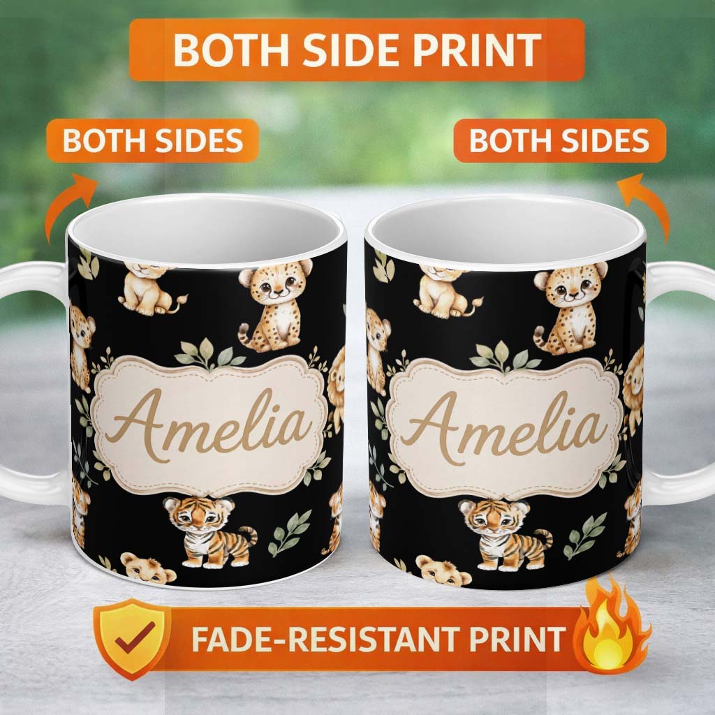 Personalized Custom Name Cute Baby Jungle Animals with Leaves on Cream Beige Background 11oz Ceramic Coffee Tea Mug White Large Handle