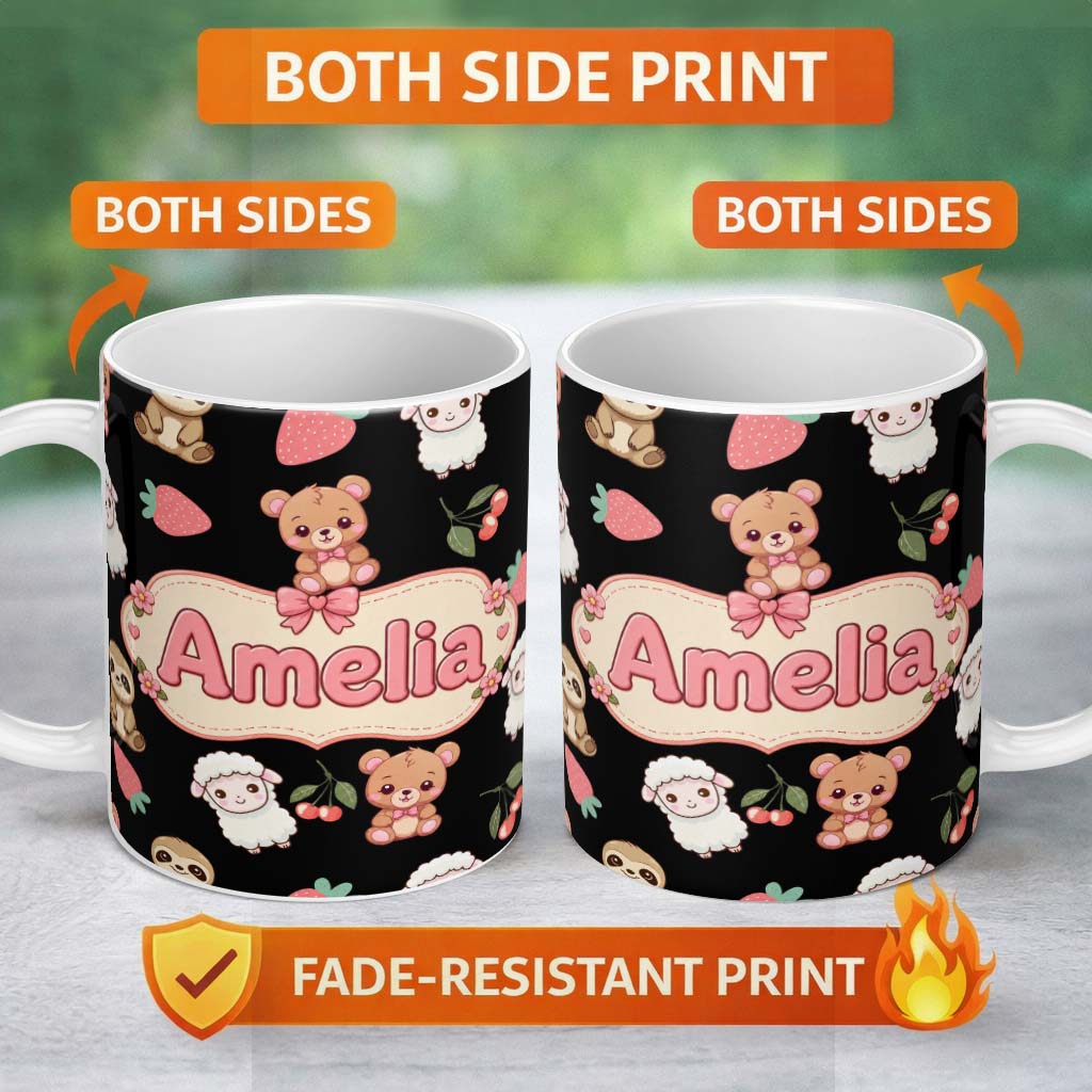 Personalized Custom Name Cute Bear Sloth Lamb Cherry Strawberry Seamless Pattern on Black 11oz Ceramic Coffee Tea Mug White Large Handle