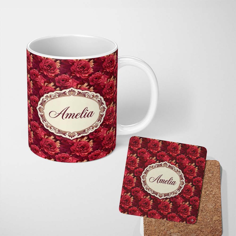 Personalized Custom Name Rich Red Peony Flower Garden Seamless Pattern Beautiful Coffee Cup 11oz Ceramic Coffee Tea Mug White Large Handle