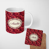 Personalized Custom Name Rich Red Peony Flower Garden Seamless Pattern Beautiful Coffee Cup 11oz Ceramic Coffee Tea Mug White Large Handle