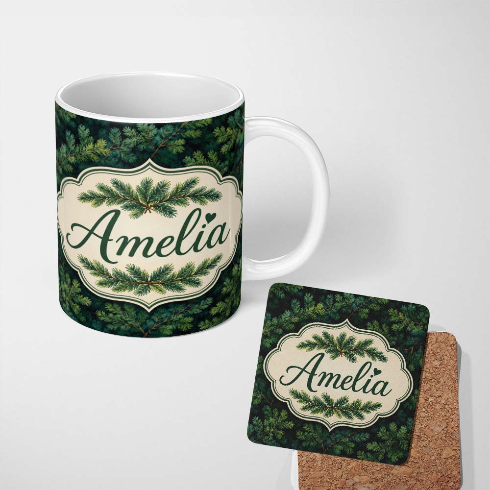 Personalized Custom Name Vintage Pine Tree Repeat Pattern on Beige Background Lovely 11oz Ceramic Coffee Tea Mug White Large Handle