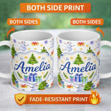 Personalized Custom Name Watercolor Snowman Christmas Tree Gift Box Star Seamless Pattern 11oz Ceramic Coffee Tea Mug White Large Handle