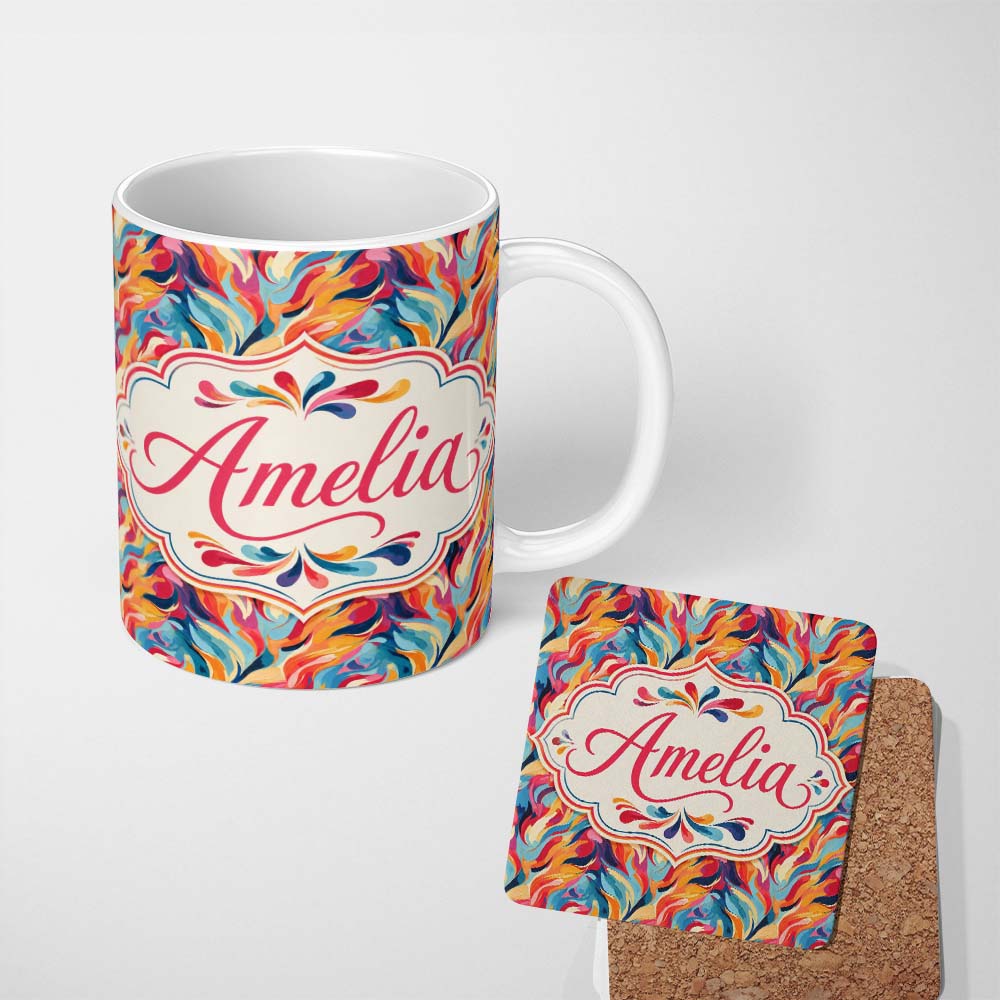 Personalized Custom Name Vibrant Abstract Fluid Paint Pattern Colorful Artistic Seamless 11oz Ceramic Coffee Tea Mug White Large Handle