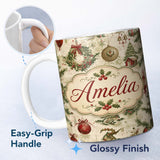 Personalized Custom Name Vintage Christmas Wreaths Bells Baubles Seamless Pattern Festive 11oz Ceramic Coffee Tea Mug White Large Handle