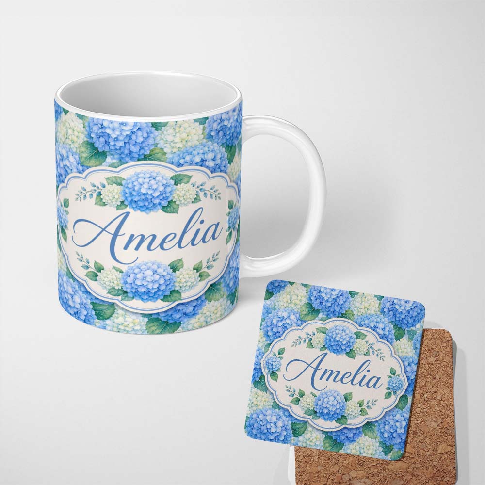 Personalized Custom Name Vibrant Blue Hydrangea Cluster Seamless Pattern Perfect Gift for Her 11oz Ceramic Coffee Tea Mug White Large Handle