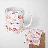 Personalized Custom Name Cute Strawberry Cherry Daisy Floral Bow Sweet Dessert Light Grey 11oz Ceramic Coffee Tea Mug White Large Handle