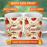 Personalized Custom Name Elegant Red Gold Christmas Baubles Snowflakes Festive Holiday Design 11oz Ceramic Coffee Tea Mug White Large Handle