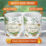 Personalized Custom Name Elegant Christmas Pine Branch Mistletoe Ornament Bells Seamless 11oz Ceramic Coffee Tea Mug White Large Handle