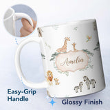 Personalized Custom Name Safari Animals Giraffe Lion Zebra on Light Grey Seamless Pattern 11oz Ceramic Coffee Tea Mug White Large Handle
