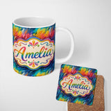 Personalized Custom Name Vivid Rainbow Fluid Art Swirl Pattern Seamless Pattern Lovely 11oz Ceramic Coffee Tea Mug White Large Handle