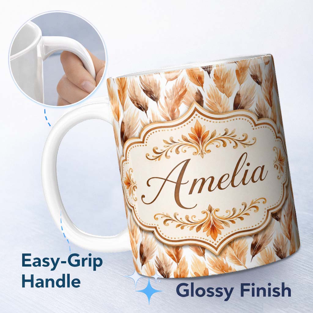 Personalized Custom Name Autumn Watercolor Feather Pattern in Warm Brown and Beige Tones 11oz Ceramic Coffee Tea Mug White Large Handle