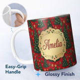 Personalized Custom Name Festive Christmas Trees with Gifts Stars and Ornaments on Red Lovely 11oz Ceramic Coffee Tea Mug White Large Handle