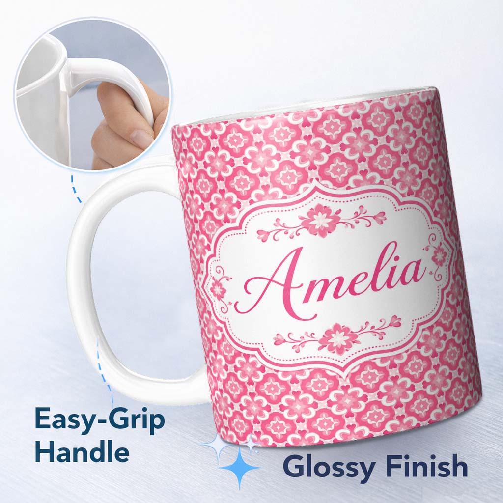 Personalized Custom Name Bold Pink Geometric Tile Pattern with Floral Motifs Symmetrical 11oz Ceramic Coffee Tea Mug White Large Handle