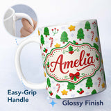 Personalized Custom Name Cute Christmas Trees Stars Holly Candy Cane Seamless Pattern Lovely 11oz Ceramic Coffee Tea Mug White Large Handle