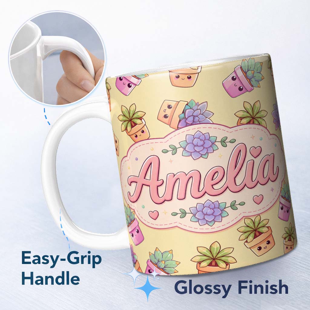 Personalized Custom Name Cute Kawaii Succulent Plants Warm Beige Background Seamless Pattern 11oz Ceramic Coffee Tea Mug White Large Handle