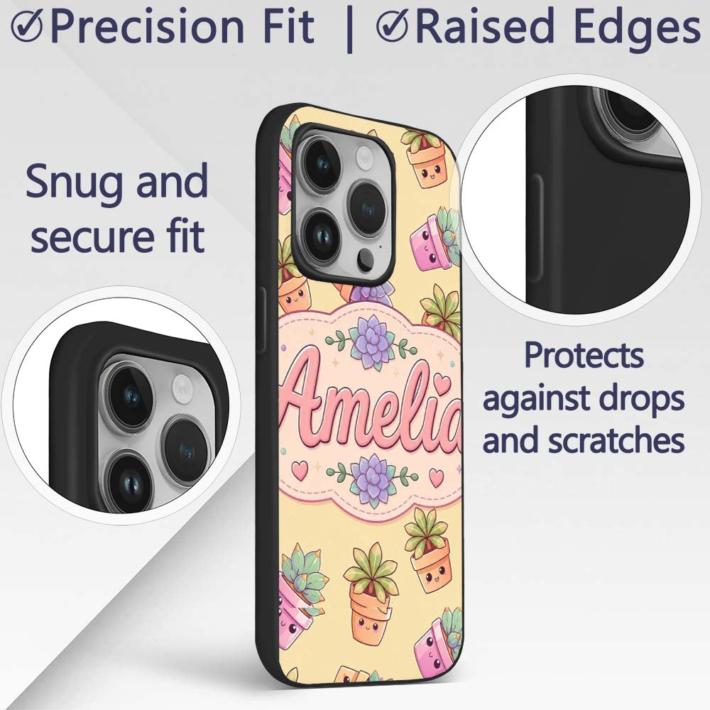 Cute Kawaii Succulent Plants Warm Printed Design Custom Name Protective Phone Case Mobile Cover Durable Everyday Smartphone Shock Resistant