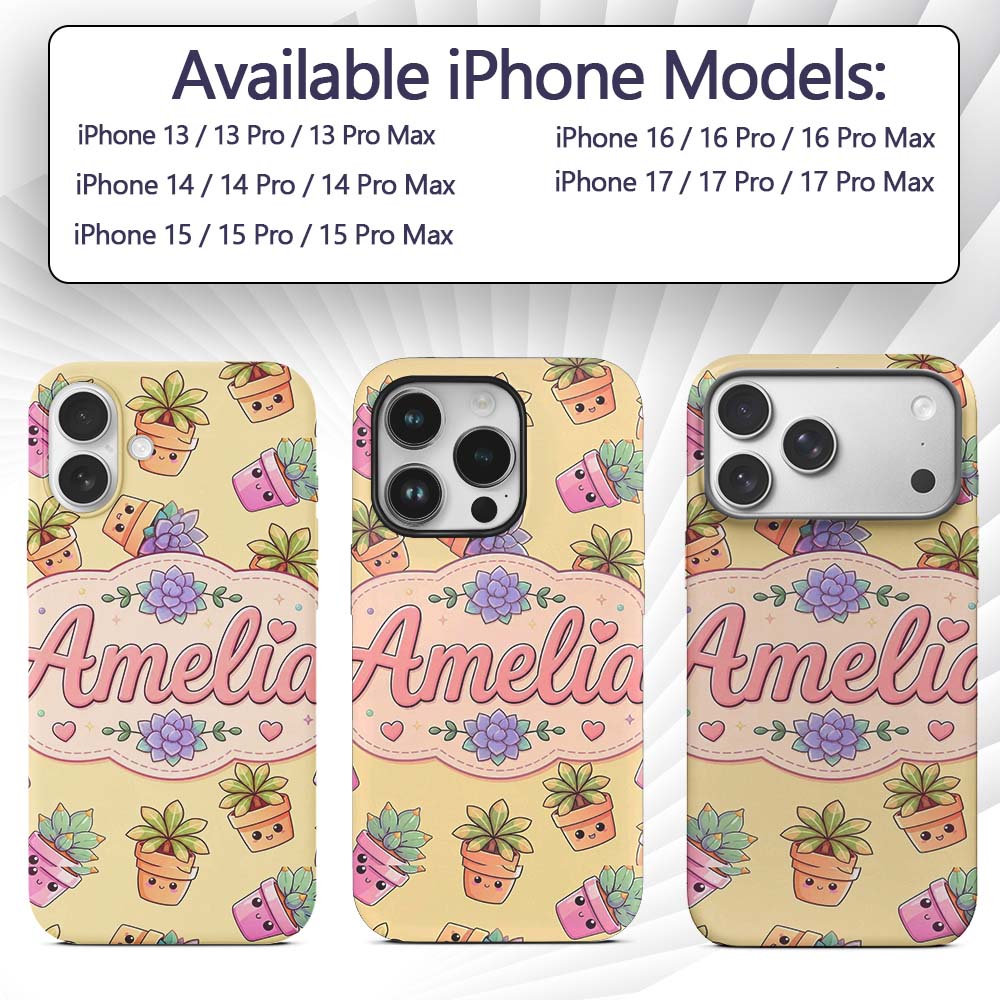 Cute Kawaii Succulent Plants Warm Printed Design Custom Name Protective Phone Case Mobile Cover Durable Everyday Smartphone Shock Resistant