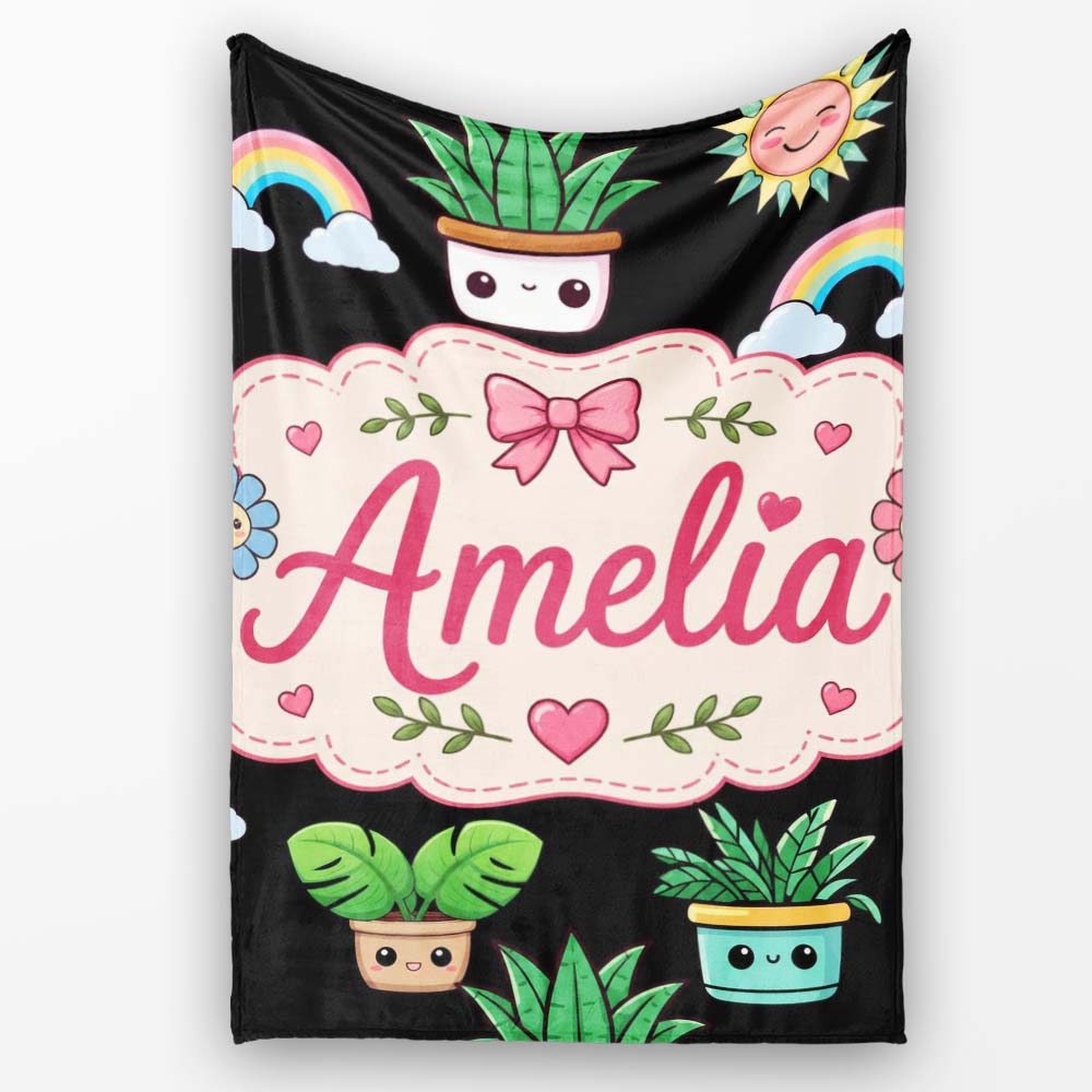 Cute Kawaii Plants Rainbows Smiling Sun Black Background Seamless  Personalised Custom Name Super Soft Fleece Blanket Bed Sofa Throw