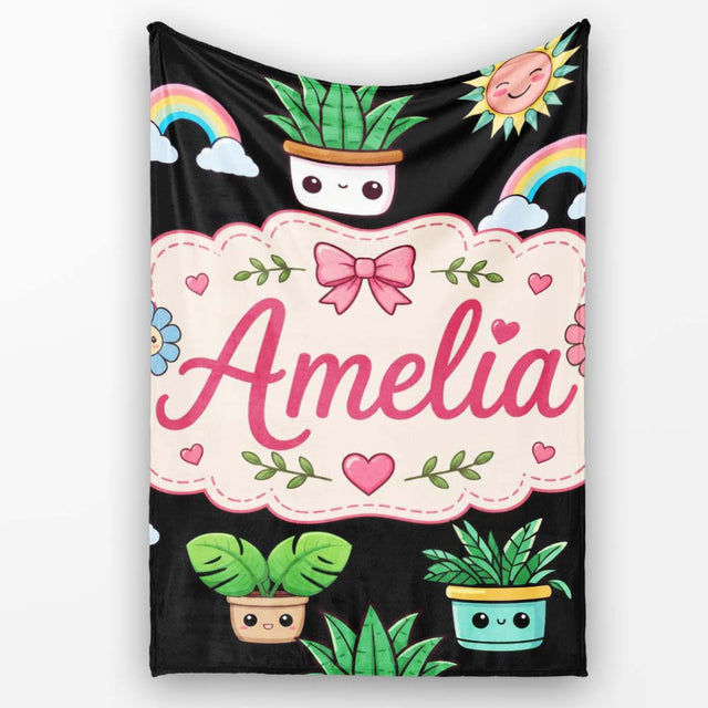 Cute Kawaii Plants Rainbows Smiling Sun Black Background Seamless  Personalised Custom Name Super Soft Fleece Blanket Bed Sofa Throw
