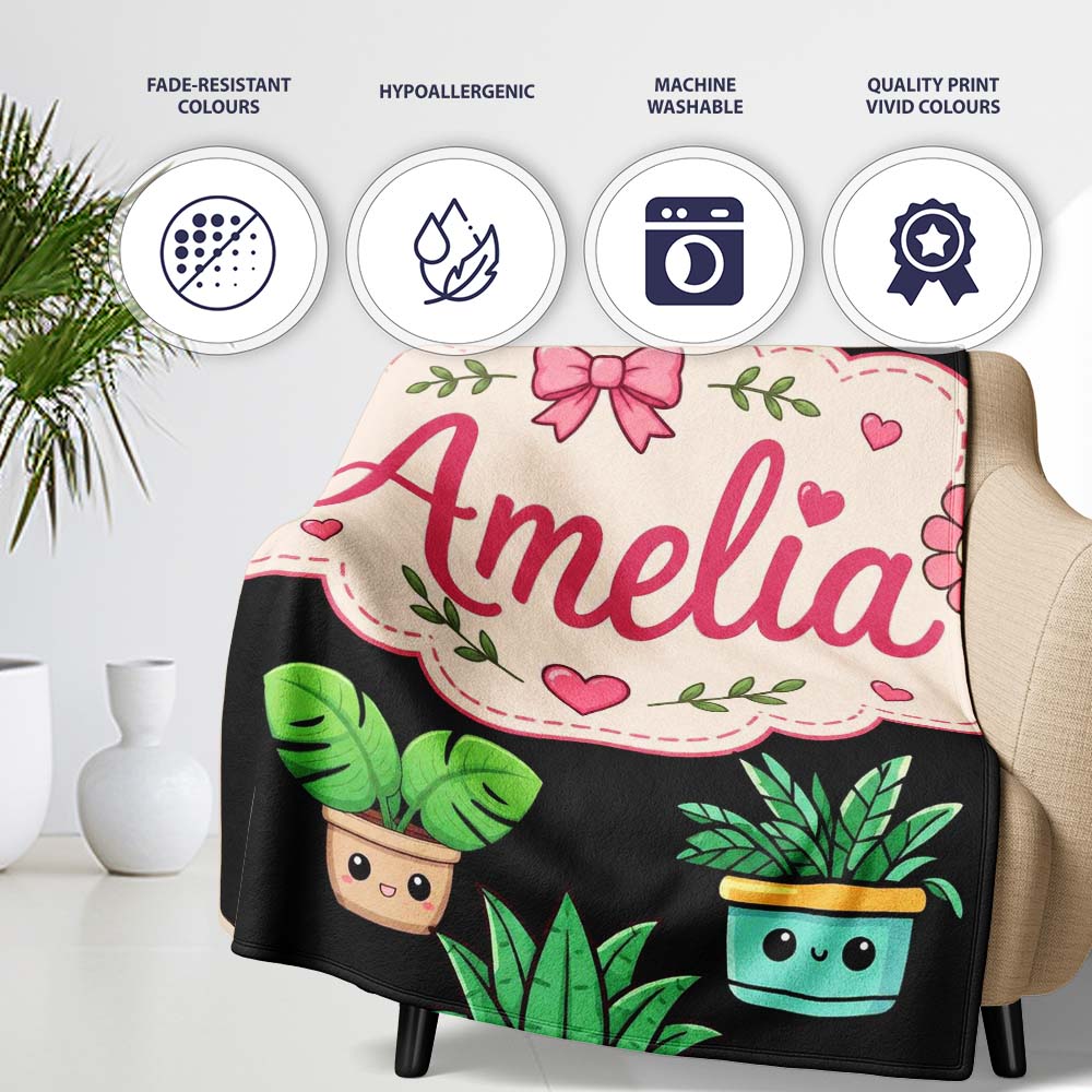 Cute Kawaii Plants Rainbows Smiling Sun Black Background Seamless  Personalised Custom Name Super Soft Fleece Blanket Bed Sofa Throw