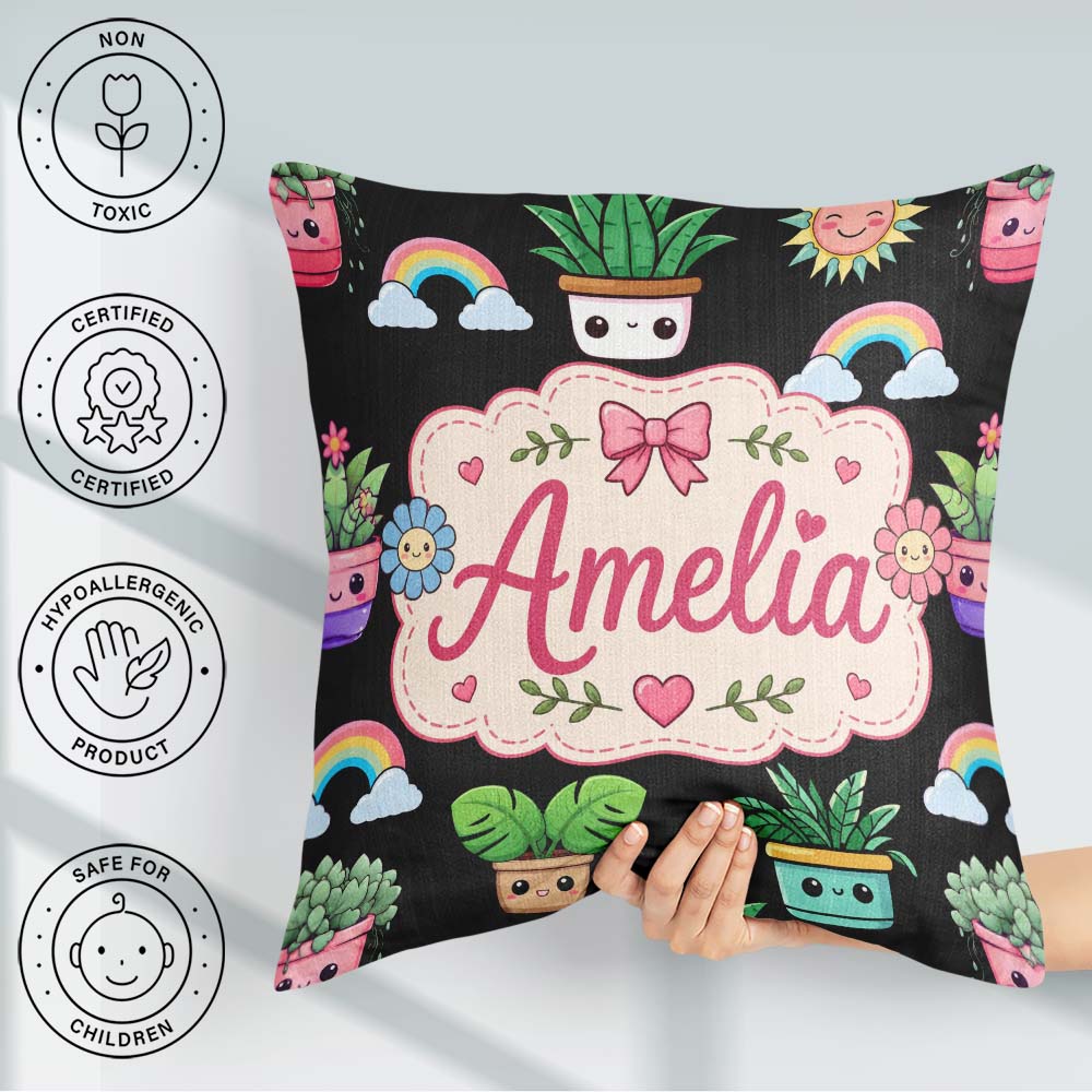 Custom Name Kawaii Plants Rainbows Sun Black Background Seamless Square Filled Cushion Throw Pillow Sofa Bed Home Decor Zip Washable UK Made