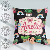Custom Name Kawaii Plants Rainbows Sun Black Background Seamless Square Filled Cushion Throw Pillow Sofa Bed Home Decor Zip Washable UK Made