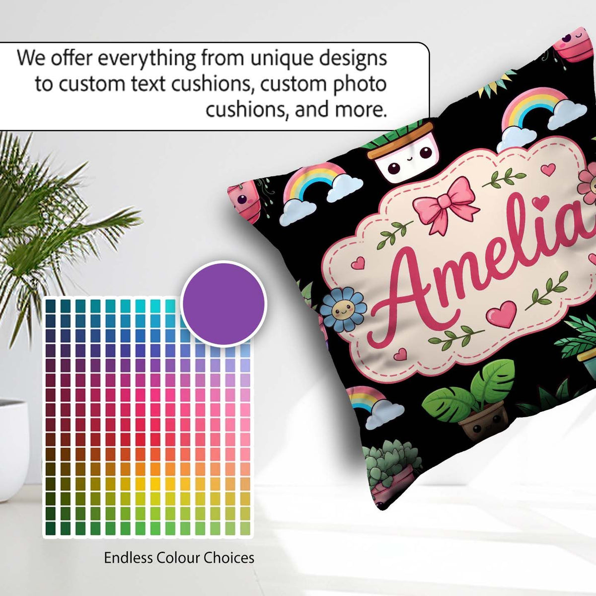 Custom Name Kawaii Plants Rainbows Sun Black Background Seamless Square Filled Cushion Throw Pillow Sofa Bed Home Decor Zip Washable UK Made