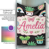 Cute Kawaii Plants Rainbows Smiling Sun Black Background Seamless  Personalised Custom Name Super Soft Fleece Blanket Bed Sofa Throw
