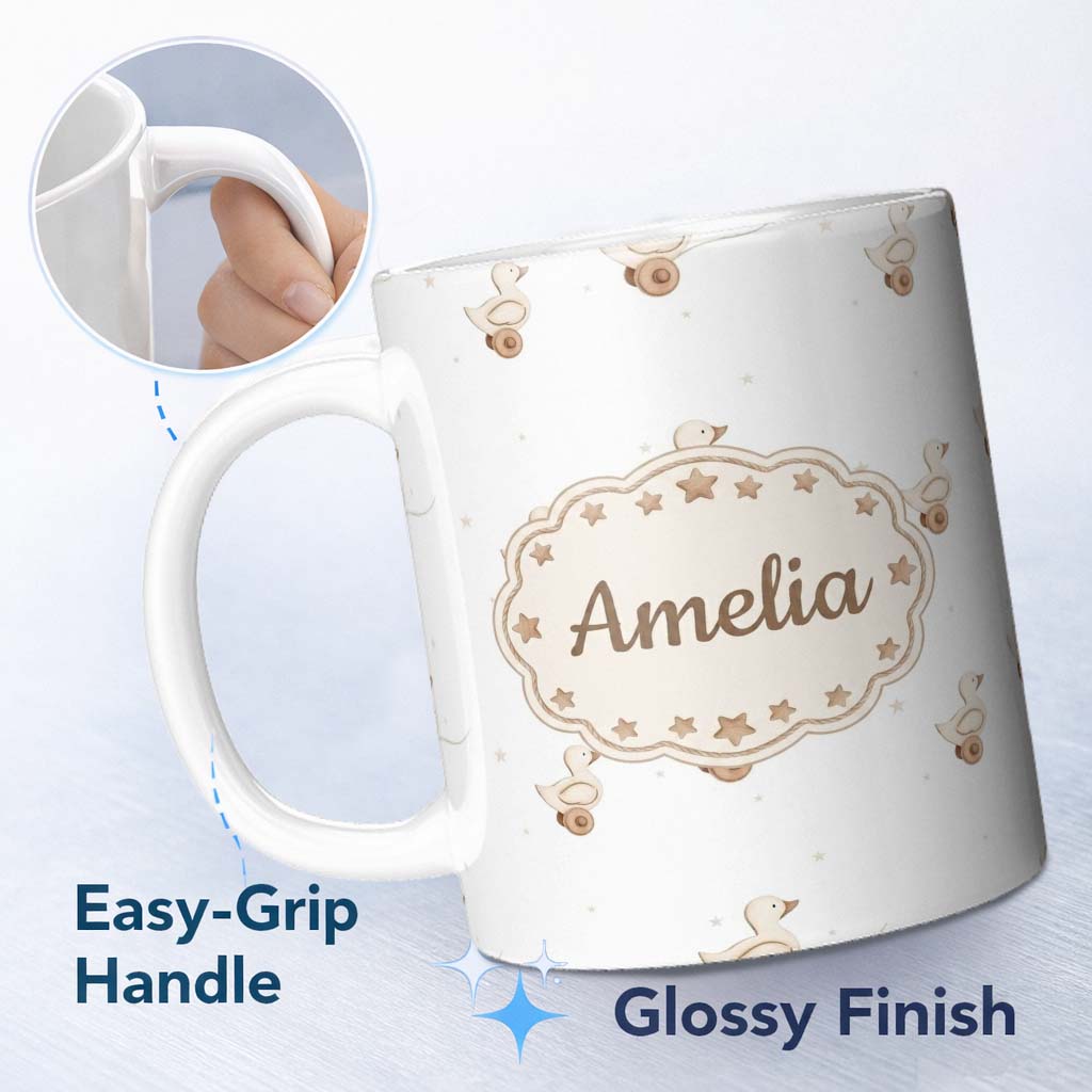 Personalized Custom Name Cute Wooden Duck Toy Seamless Pattern on Soft Neutral Background 11oz Ceramic Coffee Tea Mug White Large Handle