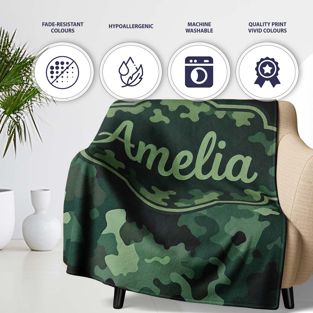 Deep Forest Green Camouflage Modern Seamless Pattern Lovely  Personalised Custom Name Super Soft Fleece Blanket Bed Sofa Throw