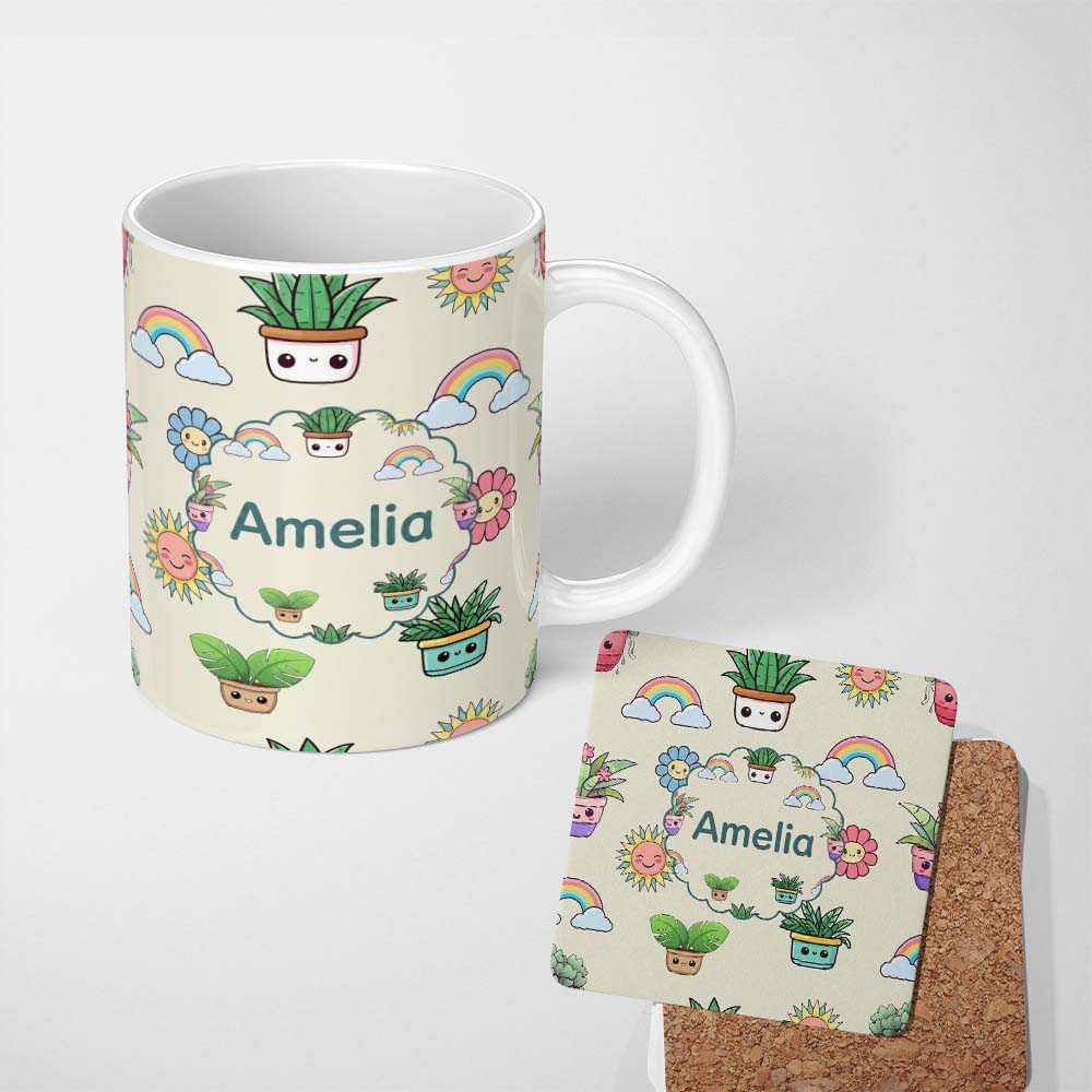 Personalized Custom Name Cute Kawaii Plants Rainbows Smiling Sun Cream Background Seamless 11oz Ceramic Coffee Tea Mug White Large Handle