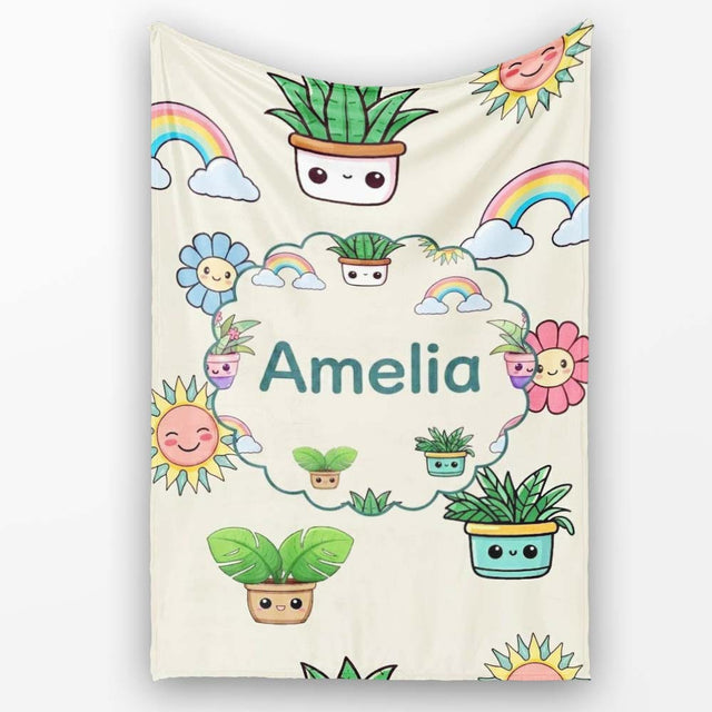 Cute Kawaii Plants Rainbows Smiling Sun Cream Background Seamless  Personalised Custom Name Super Soft Fleece Blanket Bed Sofa Throw