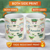 Personalized Custom Name Cute Kawaii Plants Rainbows Smiling Sun Cream Background Seamless 11oz Ceramic Coffee Tea Mug White Large Handle
