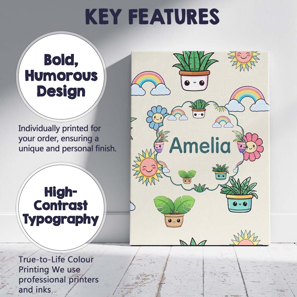 Personalised Name Cute Kawaii Plants Custom Premium Decorative Design Modern Room Accent Canvas Wall Art Print Decor Picture Ready to Hang