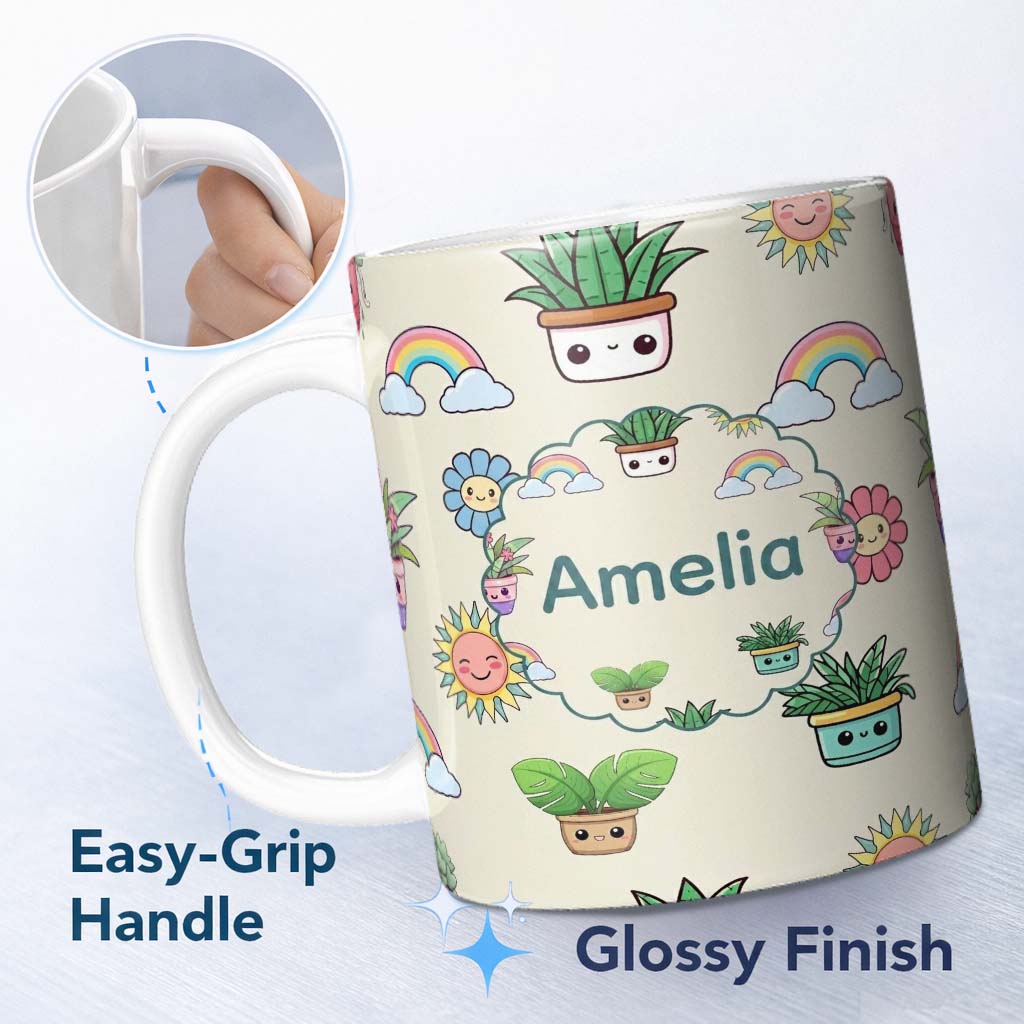 Personalized Custom Name Cute Kawaii Plants Rainbows Smiling Sun Cream Background Seamless 11oz Ceramic Coffee Tea Mug White Large Handle