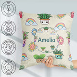 Custom Name Kawaii Plants Rainbows Sun Cream Background Seamless Square Filled Cushion Throw Pillow Sofa Bed Home Decor Zip Washable UK Made