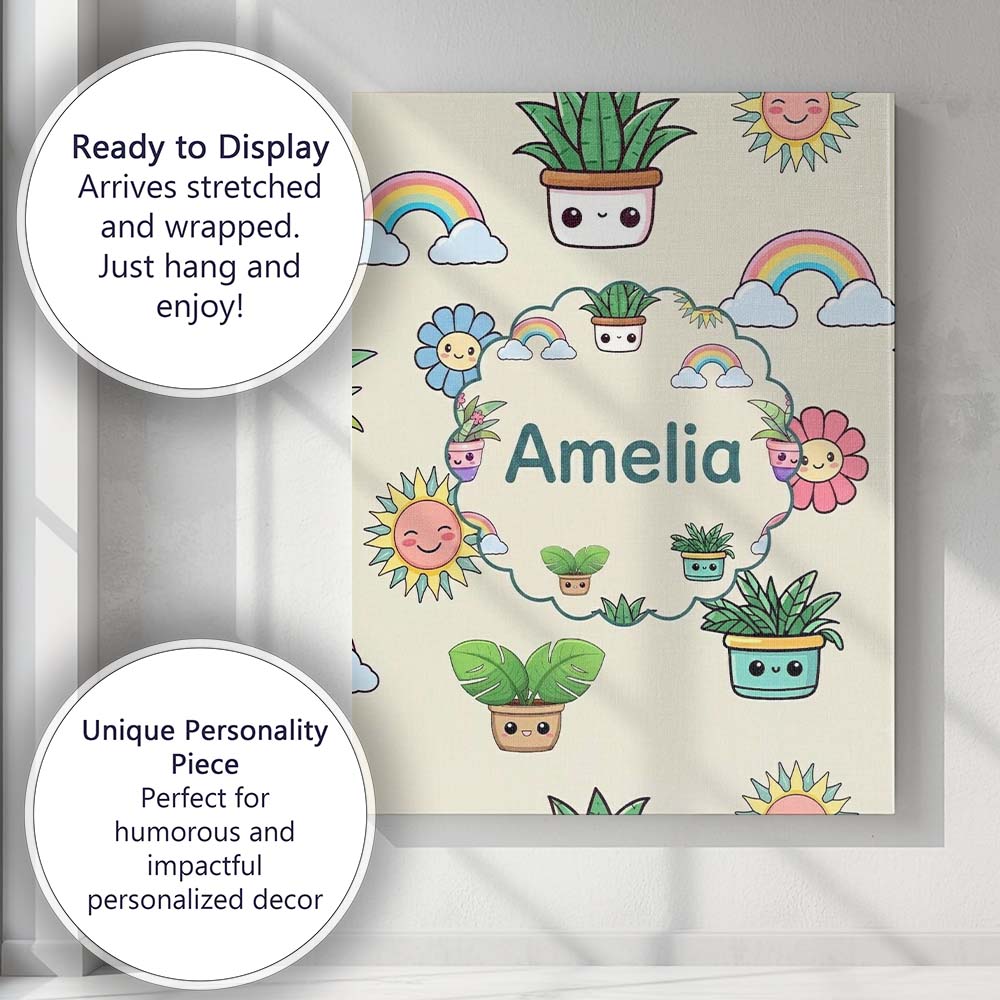 Personalised Name Cute Kawaii Plants Custom Premium Decorative Design Modern Room Accent Canvas Wall Art Print Decor Picture Ready to Hang