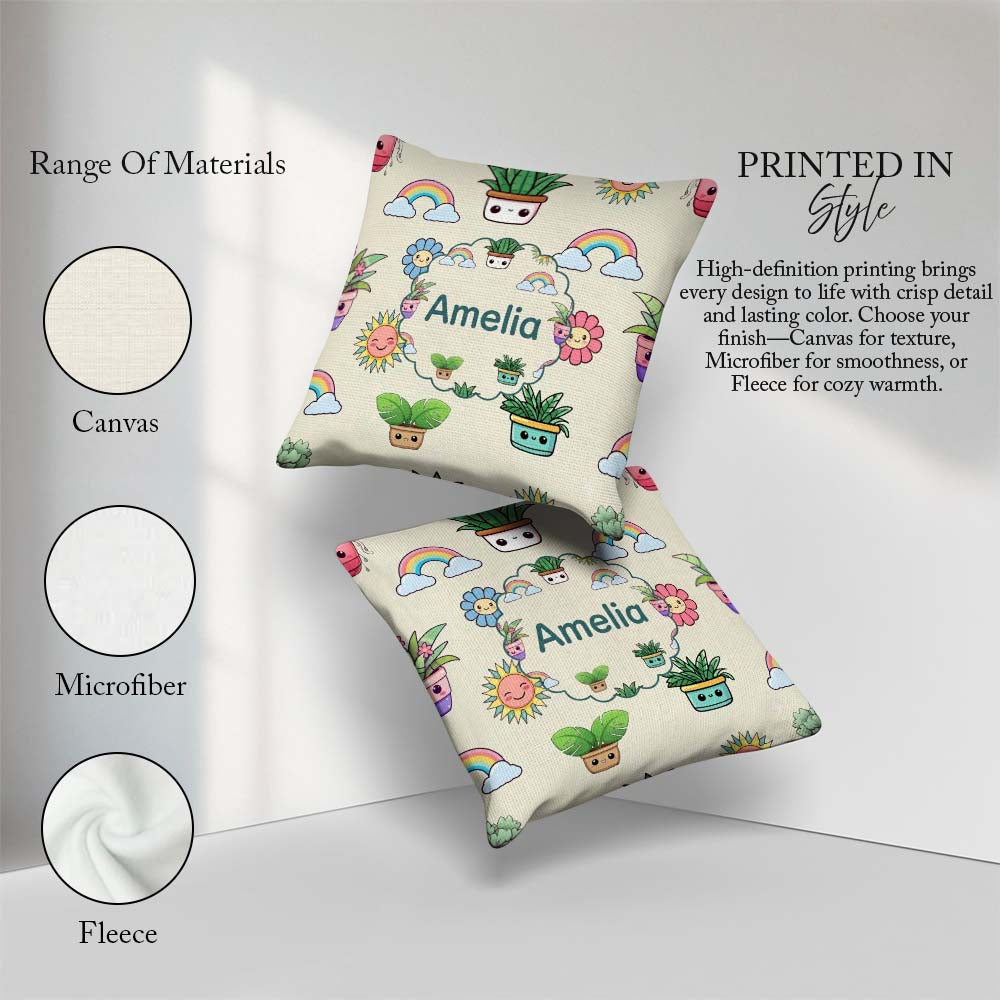 Custom Name Kawaii Plants Rainbows Sun Cream Background Seamless Square Filled Cushion Throw Pillow Sofa Bed Home Decor Zip Washable UK Made