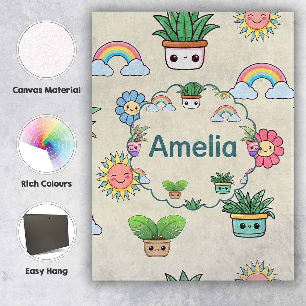 Personalised Name Cute Kawaii Plants Custom Premium Decorative Design Modern Room Accent Canvas Wall Art Print Decor Picture Ready to Hang