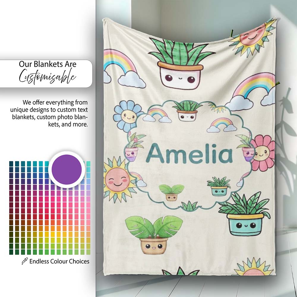 Cute Kawaii Plants Rainbows Smiling Sun Cream Background Seamless  Personalised Custom Name Super Soft Fleece Blanket Bed Sofa Throw