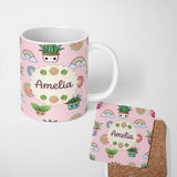 Personalized Custom Name Cute Kawaii Plants Rainbows Smiling Sun Pink Background Seamless 11oz Ceramic Coffee Tea Mug White Large Handle