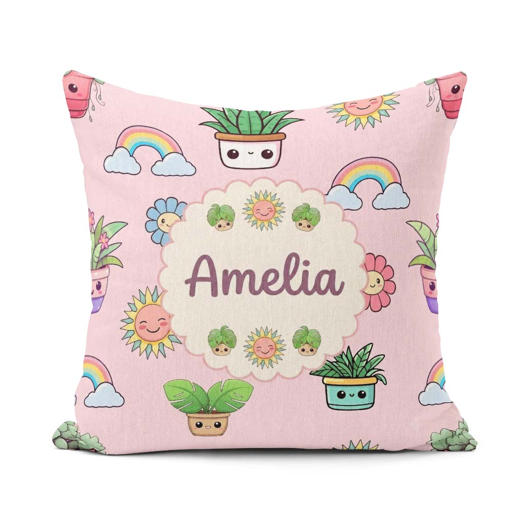 Custom Name Kawaii Rainbows Smiling Sun Pink Background Seamless Square Filled Cushion Throw Pillow Sofa Bed Home Decor Zip Washable UK Made