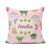 Custom Name Kawaii Rainbows Smiling Sun Pink Background Seamless Square Filled Cushion Throw Pillow Sofa Bed Home Decor Zip Washable UK Made